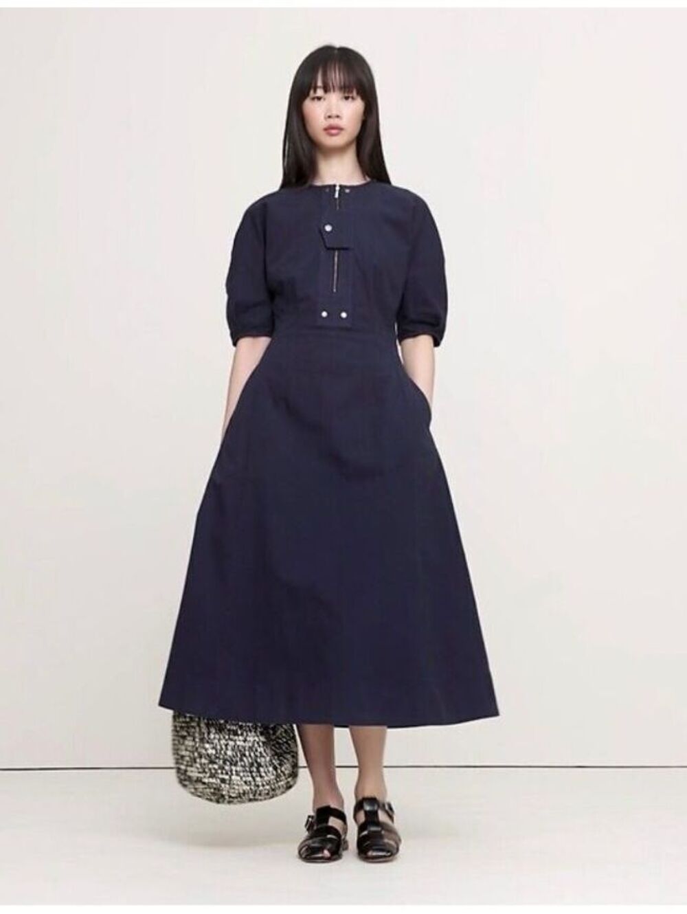 Banana Republic Stretch-Cotton Twill Utility Midi Dress Navy Blue party Large